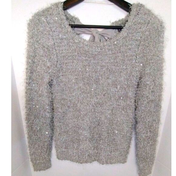 JENNIFER LOPEZ grey silver glitter furry size XSmall Sweater tie silk back - Picture 2 of 10